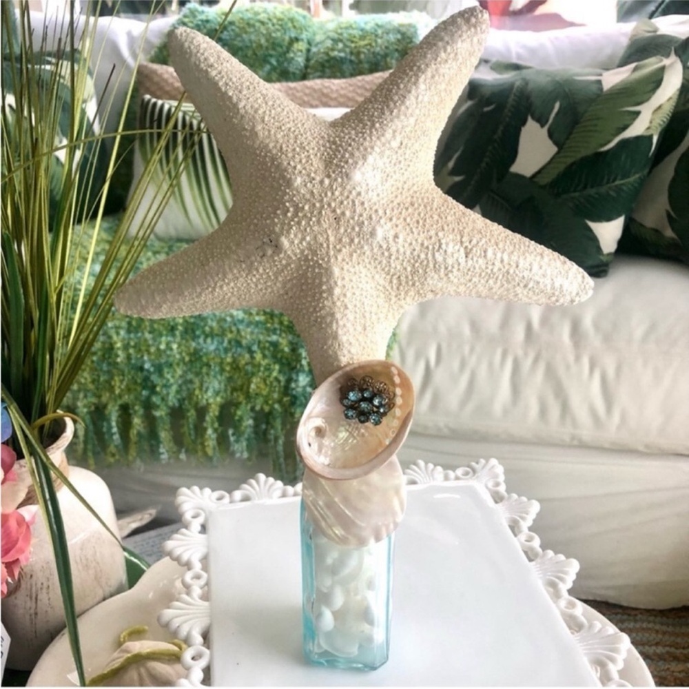 NEW! NATURAL JUNGLE STARFISH + Turquoise Blue Antique Glass Bottle.